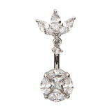 Prong Set Triple Marquise Fan with Dangle Round Gem Non-Dangle Navel Belly Button Ring 316L Surgical Steel