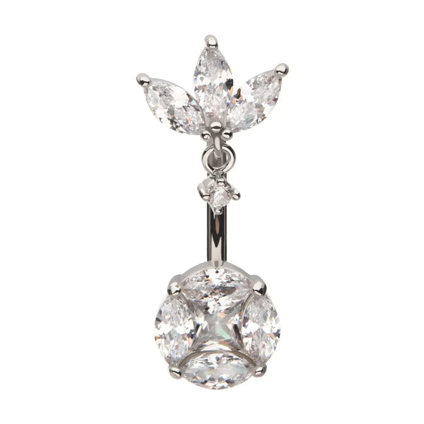 Prong Set Triple Marquise Fan with Dangle Round Gem Non-Dangle Navel Belly Button Ring 316L Surgical Steel