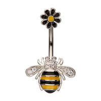 Enamel Flower & Bee with Pave Clear Gem Non-Dangle Navel Belly Button Ring 316L Surgical Steel
