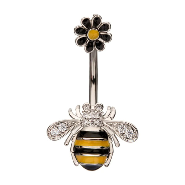 Enamel Flower & Bee with Pave Clear Gem Non-Dangle Navel Belly Button Ring 316L Surgical Steel