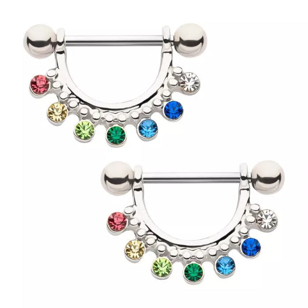 Rainbow Gem Stirrup Nipple Shields Nipple Ring Pair 316L Surgical Steel