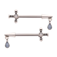 Dagger with Teardrop Opalite Gem Dangling Charm Nipple Ring Barbell Pair 316L Surgical Steel
