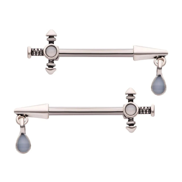 Dagger with Teardrop Opalite Gem Dangling Charm Nipple Ring Barbell Pair 316L Surgical Steel