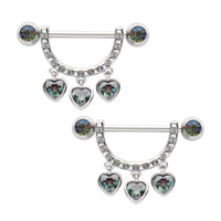 Triple Dangling Heart Stirrup Nipple Shields with Double Bezel Set Vitrial Medium Gem Ends
