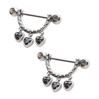 Triple Dangling Heart Stirrup Nipple Shields with Double Bezel Set Vitrial Medium Gem Ends