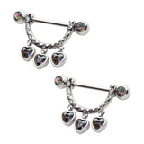 Triple Dangling Heart Stirrup Nipple Shields with Double Bezel Set Vitrial Medium Gem Ends