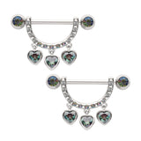 Triple Dangling Heart Stirrup Nipple Shields with Double Bezel Set Vitrial Medium Gem Ends