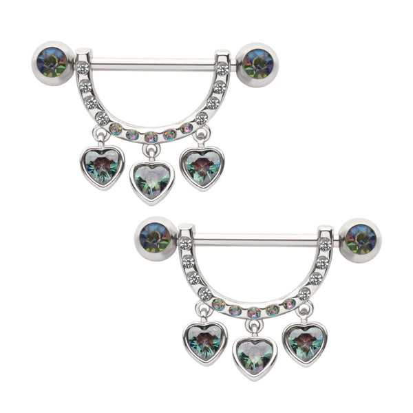 Triple Dangling Heart Stirrup Nipple Shields with Double Bezel Set Vitrial Medium Gem Ends