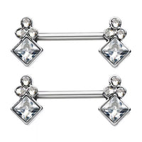 Front Facing Clear Diamond Shape Cluster CZ Gems Nipple Barbell Rings 316L Surgical Steel