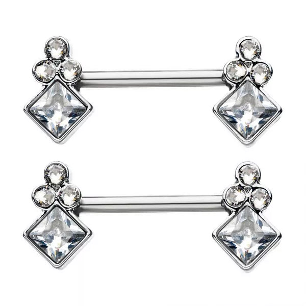 Front Facing Clear Diamond Shape Cluster CZ Gems Nipple Barbell Rings 316L Surgical Steel