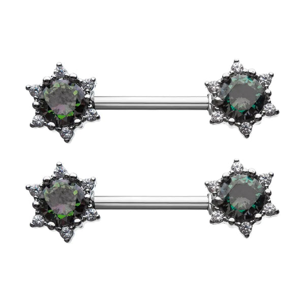 Vitrial Medium Gem Starburst Nipple Barbell Rings 316L Surgical Steel