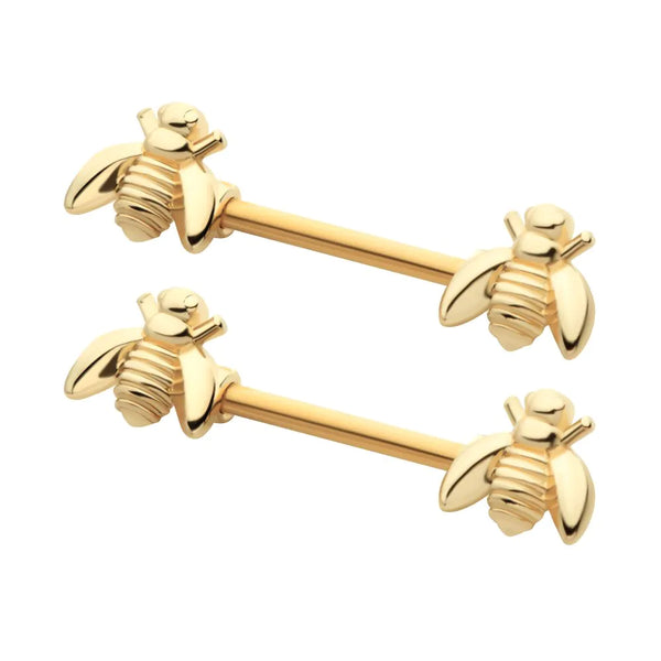 Gold PVD Plated Bumble Bee Nipple Ring Barbell Pair 316L Surgical Steel