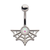 Spider Web with Glitter Faux White Opal Non-Dangle Navel Belly Button Ring 316L Surgical Steel