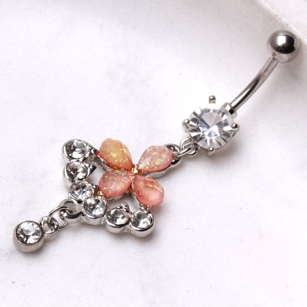 316L Surgical Steel Pink Flower Chandelier Dangle Belly Button Navel Ring