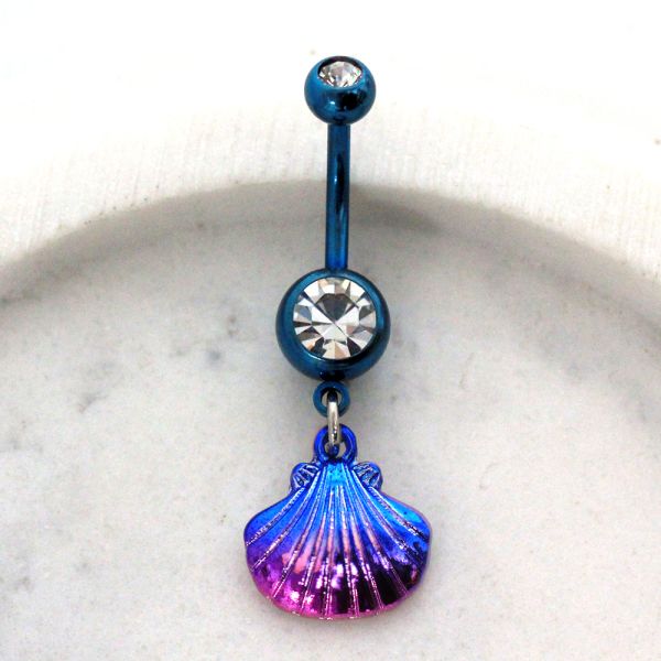 Blue PVD Plated Ombre Purple Seashell Dangle Belly Button Ring