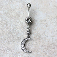 316L Stainless Steel Glittering Moon & Star Dangle Navel Belly Button Ring