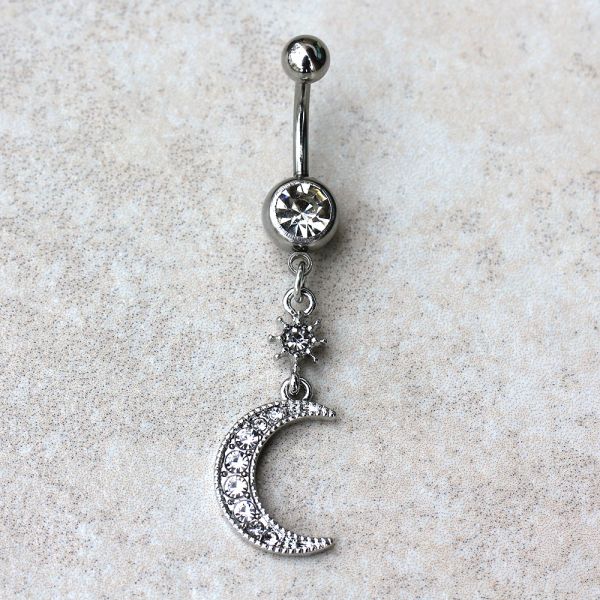 316L Stainless Steel Glittering Moon & Star Dangle Navel Belly Button Ring