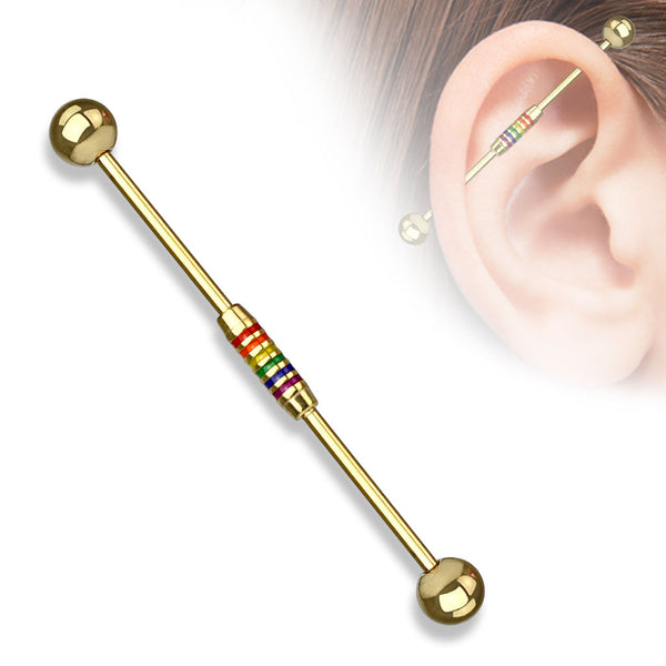 Rainbow Striped Center Gold IP Industrial Barbell
