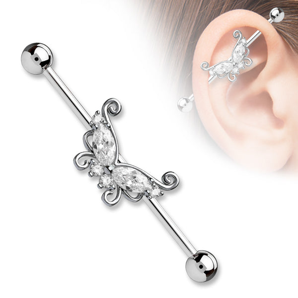 Marquis and Round CZ Butterfly Industrial Barbell