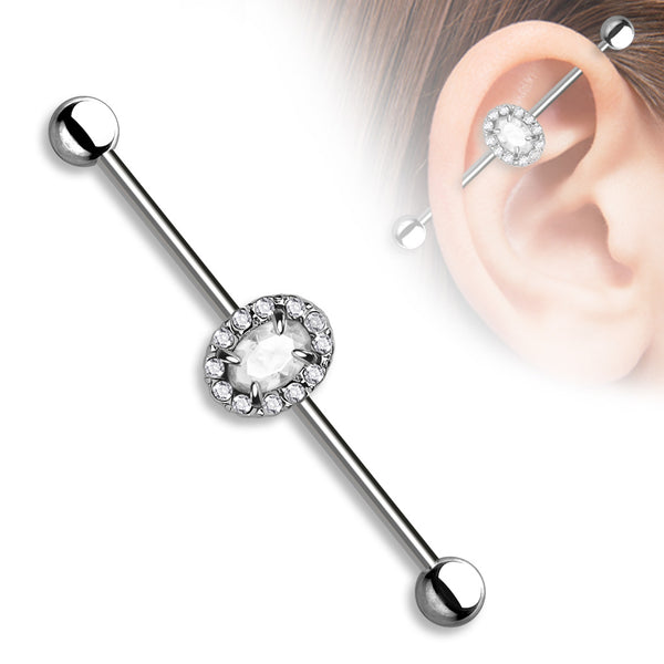 Oval CZ Center and Clear Crystals Outline Industrial Barbell