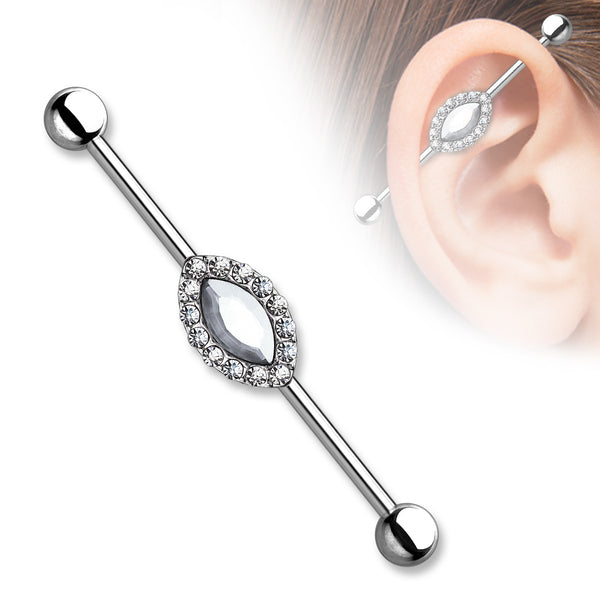 Marquise Crystal Center and Clear Gem Outline Industrial Barbell