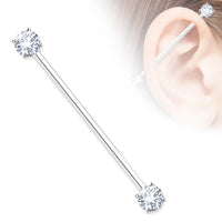 Round CZ Prong Set End Industrial Barbell