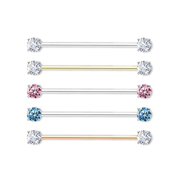 Round CZ Prong Set End Industrial Barbell