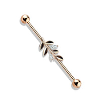 CZ Set Leaf Rose Gold Plated Industrial Barbell