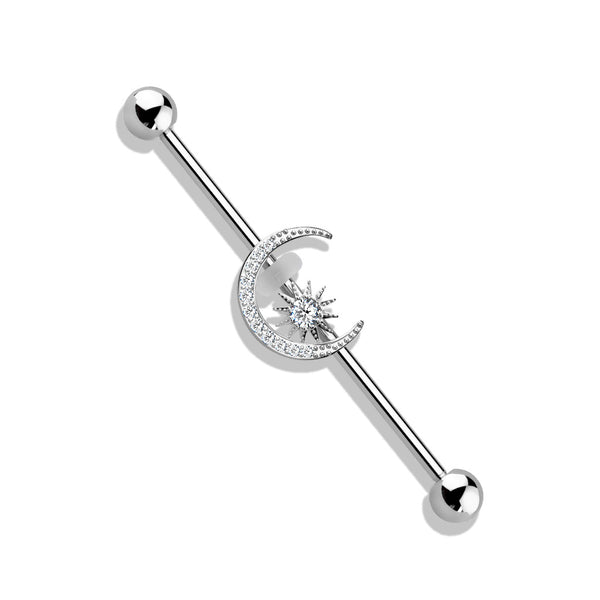 CZ Paved Moon with CZ Center Star Industrial Barbell