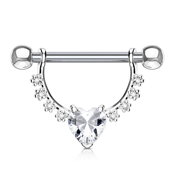 Heart CZ Center with Lined Prong Set Gem Nipple Barbell Pair