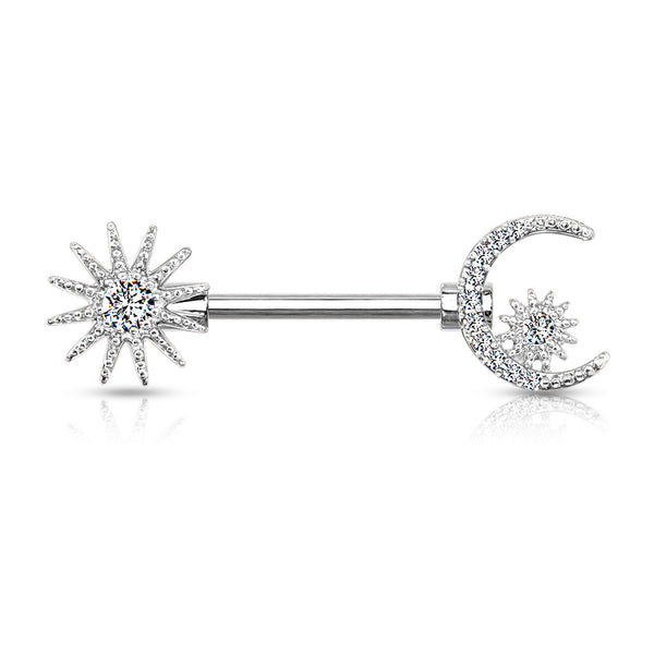 CZ Centered Sun and Moon Paved Nipple Barbell Pair