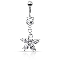 Flower with CZ Petals Dangle Belly Button Ring