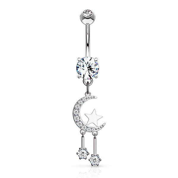 Crescent Moon and Star Dangle Belly Button Ring