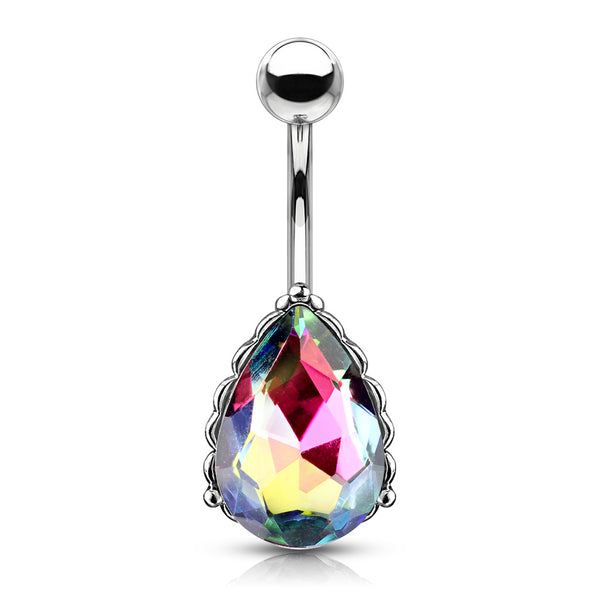 AB Effect Tear Drop Gem with Heart Filigree Encasing Belly Button Ring