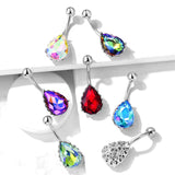 AB Effect Tear Drop Gem with Heart Filigree Encasing Belly Button Ring