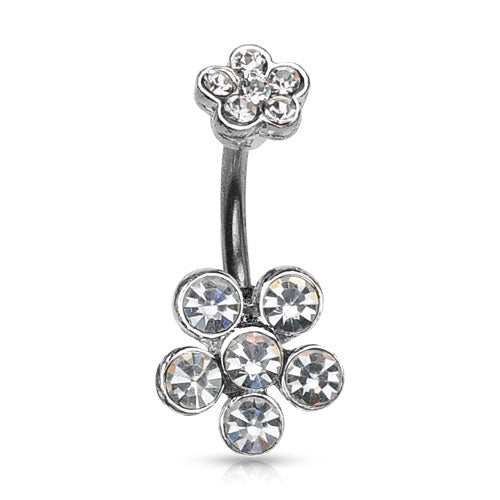 Double Flower Non-Dangle Gem Belly Button Ring