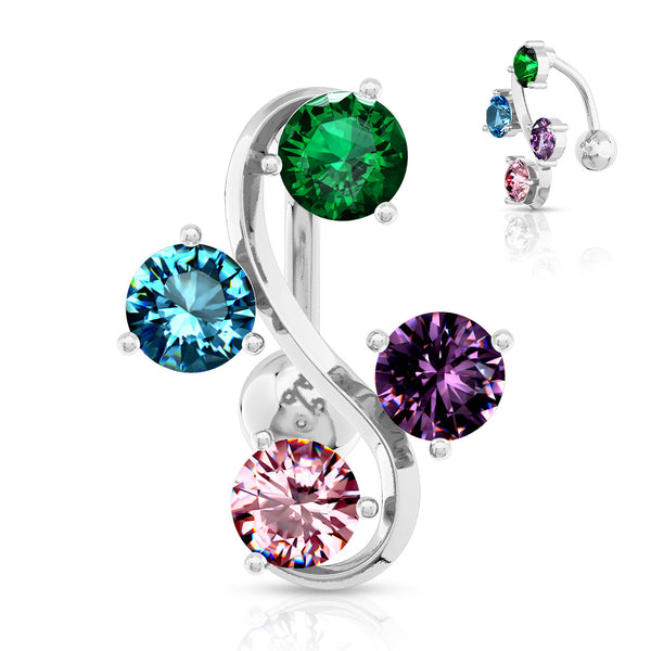 Multi-Color 4-Gem Vine Top-Down Reverse Belly Button Ring