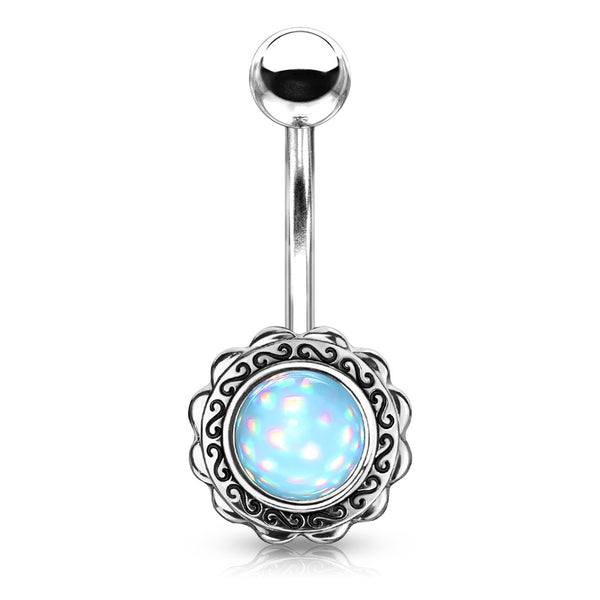 Filigree Flower with Illuminating Stone Center Non-Dangle Belly Button Ring