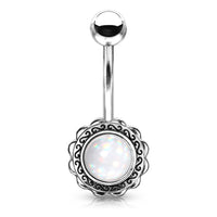 Filigree Flower with Illuminating Stone Center Non-Dangle Belly Button Ring