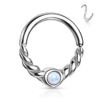 Opal Center Braided Half Circle Surgical Steel Split Ring Hoop for Septum, Daith, Cartilage, etc.