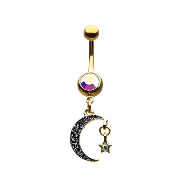 Gold Plated Moon and Star Dangle with AB Gem Belly Button Ring