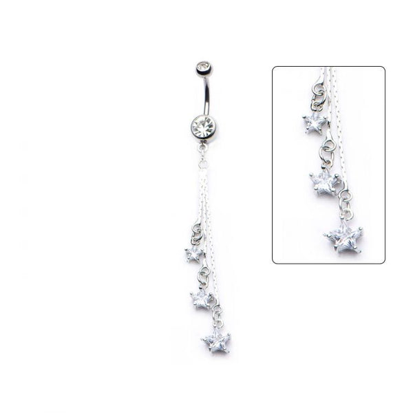 Triple Prong Set Clear CZ Star Dangle Belly Button Ring