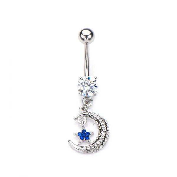 Clear Gem Crescent Moon with Blue CZ Gem Star Dangle Belly Button Ring